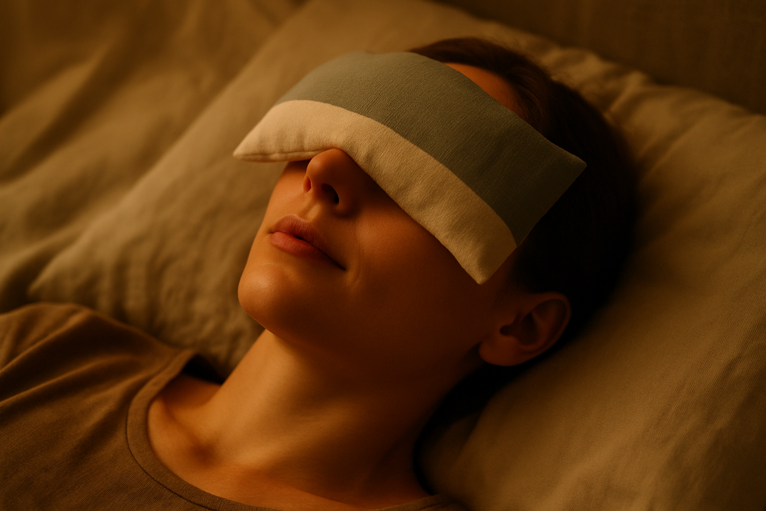 Et nærbillede af en kvinde, der ligger på en seng med hvide eller beige lagner. Hun har en blød aromaterapi-øjenpude på, og lyset i rummet er dæmpet og varmt. Stemningen er afslappet og signalerer ro og egenomsorg